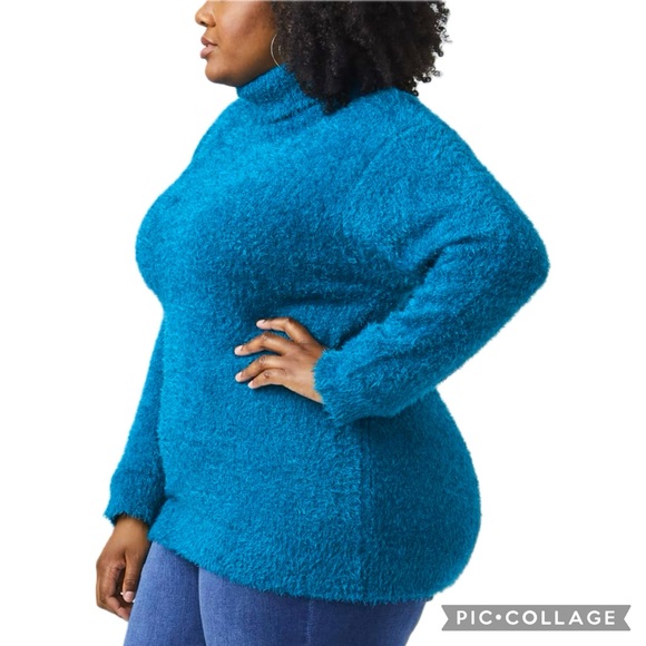 Molly & Isadora Vita Turtleneck Fuzzy Knit Pullover Sweater In Dark Teal - Picture 3 of 16